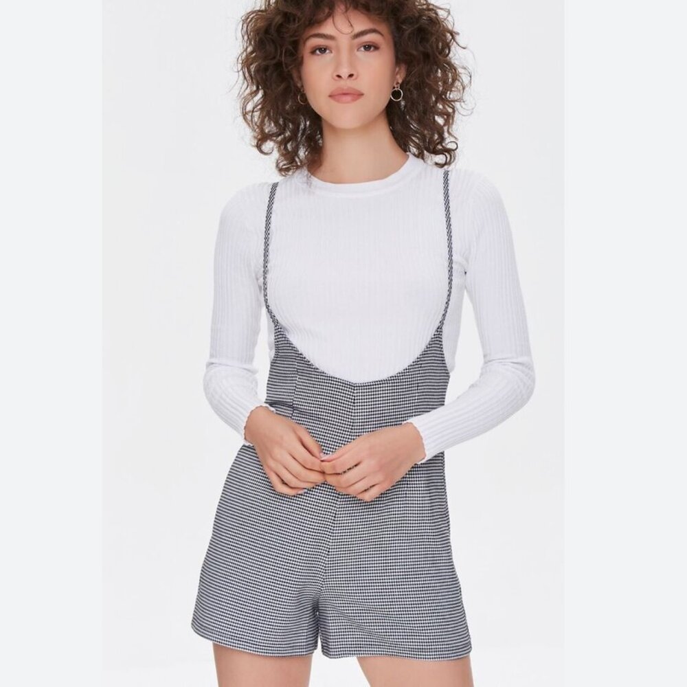 Black and White Micro-Houndstooth Romper - Plaid Mini Shorts Overall Outfit
